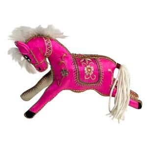 Silk Horse Stuffed Animal Mini 4" Faux Fur Mane Tassel Tail Pink Embroidered Vtg